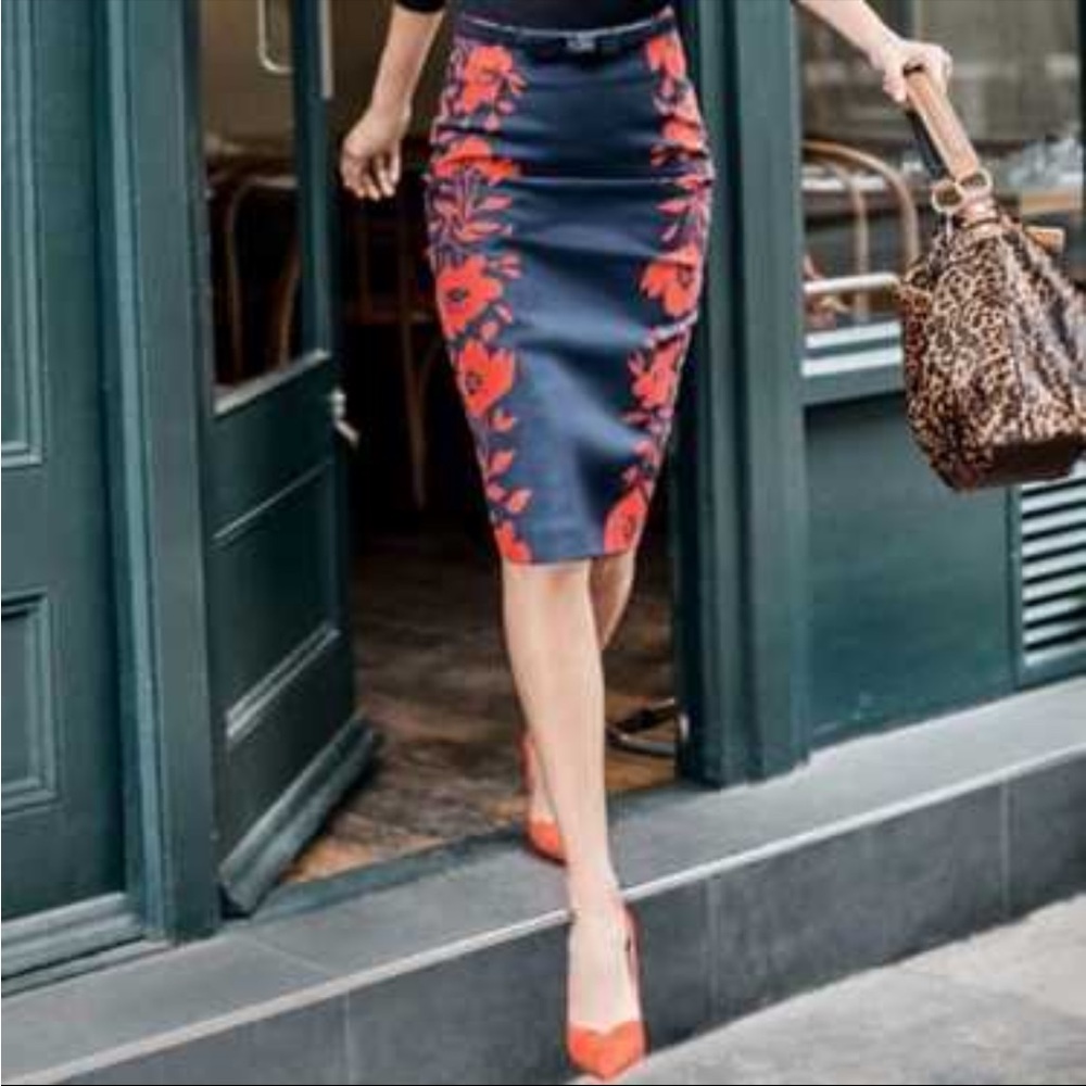 Oasis Navy Pencil Skirt with Red Floral Design